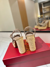 VLTN ESPADRILLE WEDGE SANDALS 25S 115 MM IN BEIGE BROWN LAMBSKIN