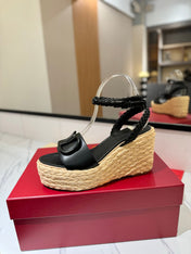 VLTN ESPADRILLE WEDGE SANDALS 25S 90 MM IN BLACK LAMBSKIN STYLE 10