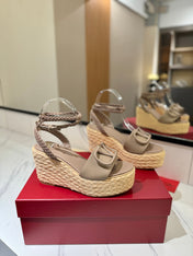 VLTN ESPADRILLE WEDGE SANDALS 25S 90 MM IN BEIGE BROWN LAMBSKIN STYLE 7