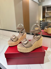 VLTN ESPADRILLE WEDGE SANDALS 25S 90 MM IN BEIGE BROWN LAMBSKIN STYLE 7