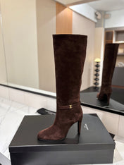 YSL 26S KNEE-HIGH BOOTS 90 MM IN DARK BROWN SUEDE