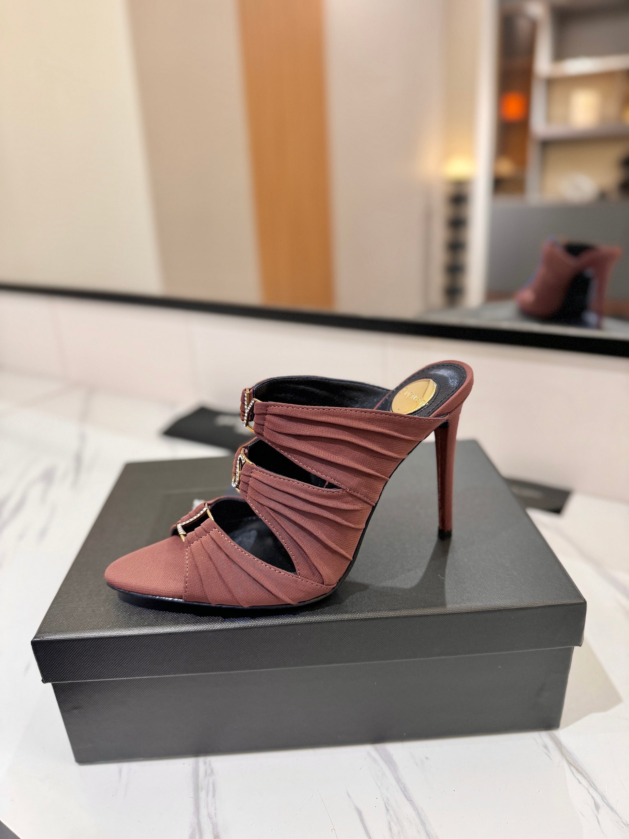 YSL 26S HEELED SANDALS 100 MM IN DARK BROWN FABRIC