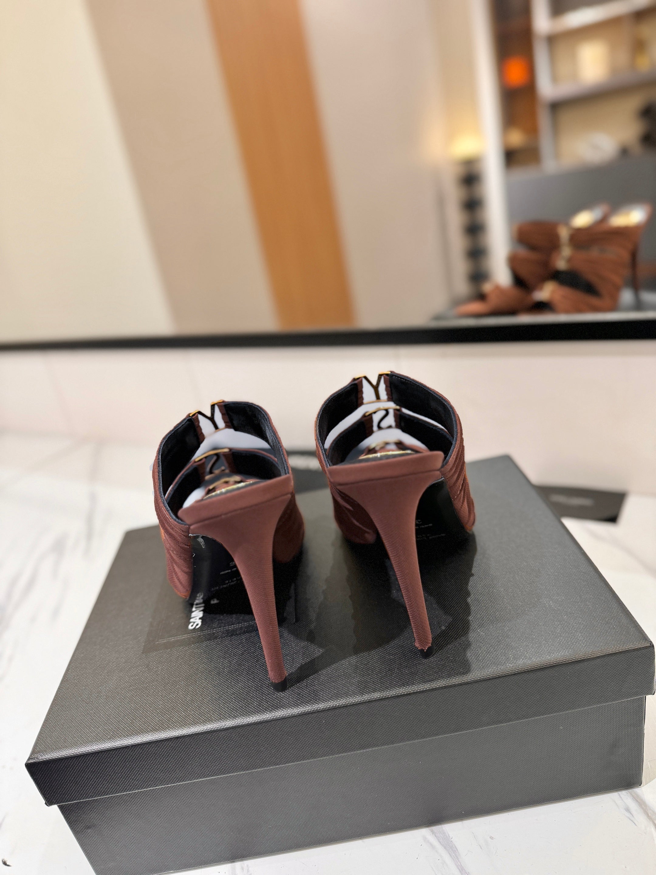 YSL 26S HEELED SANDALS 100 MM IN DARK BROWN FABRIC