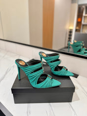 YSL 26S HEELED SANDALS 100 MM IN EMERALD GREEN FABRIC
