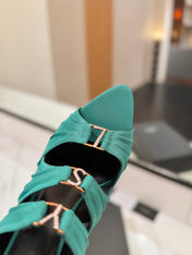 YSL 26S HEELED SANDALS 100 MM IN EMERALD GREEN FABRIC