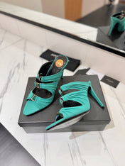 YSL 26S HEELED SANDALS 100 MM IN EMERALD GREEN FABRIC