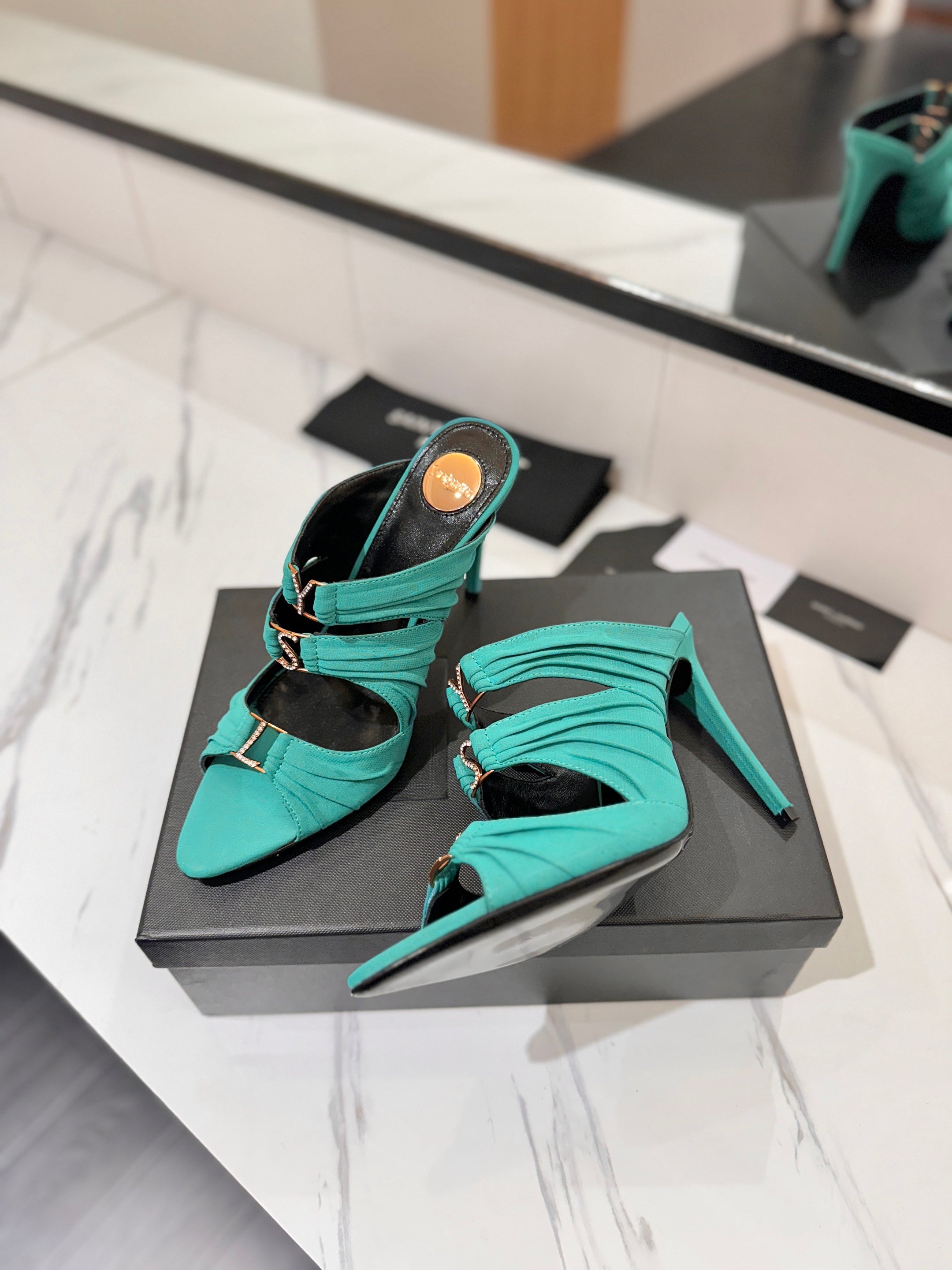 YSL 26S HEELED SANDALS 100 MM IN EMERALD GREEN FABRIC