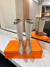 HM 26S JUMPING BOOTS IN DARK GREY CALFSKIN AND BEIGE CANVAS WITH SILVER HARDWARE