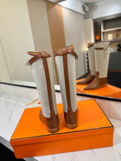 HM 26S JUMPING BOOTS IN BROWN CALFSKIN AND BEIGE CANVAS WITH SILVER HARDWARE