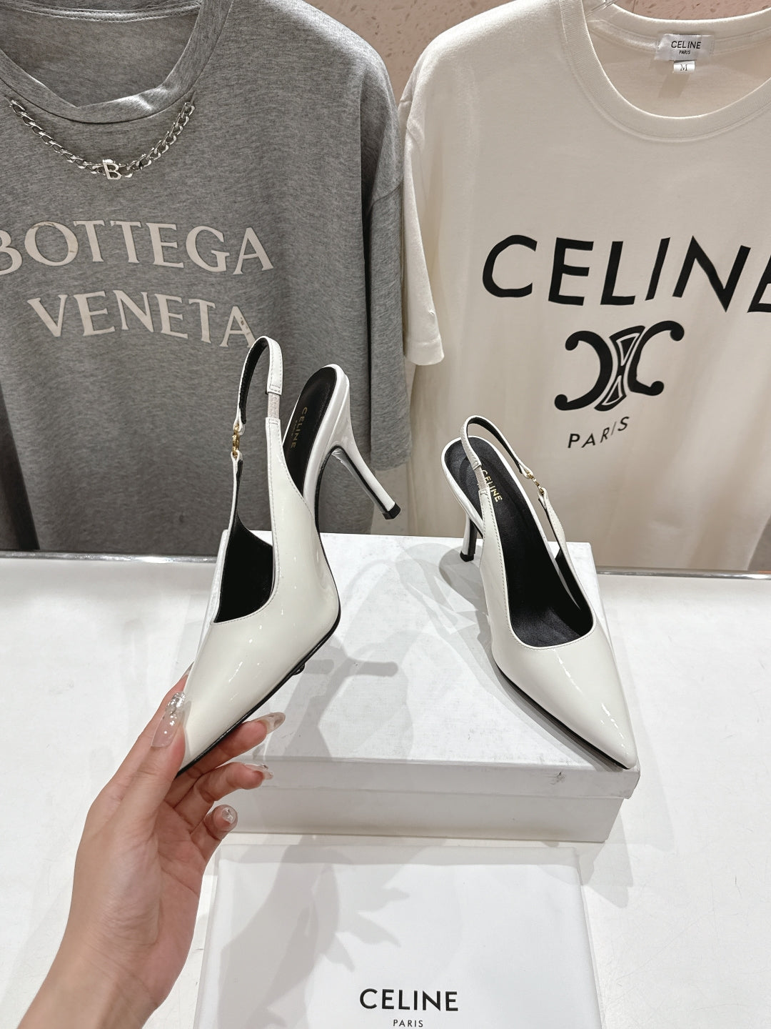 JUDY TRIOMPHE STILETTO SLINGBACK 75MM IN WHITE PATENT CALFSKIN