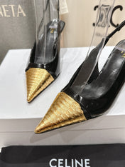 JUDY CAP TOE SLINGBACK 65MM IN BLACK SHINY CALFSKIN AND GOLD SNAKE EMBOSSED LEATHER