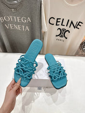 LOEWE 26S PETAL ANAGRAM SLIDE IN TEAL BLUE CALFSKIN