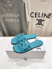 LOEWE 26S PETAL ANAGRAM SLIDE IN TEAL BLUE CALFSKIN