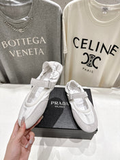 PRADA 25S COLLAPSE RE NYLON AND SUEDE BALLERINAS IN LIGHT GRAY AND CREAM