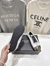 PRADA 25S COLLAPSE RE NYLON AND SUEDE SNEAKERS IN WHITE WITH METAL TOECAP