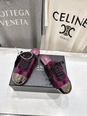 PRADA 25S MULES IN PLUM WITH METAL TOECAP