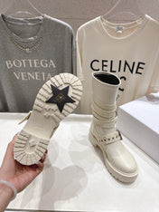 DIOR 25S BIKER BOOTS IN CREAM WHITE CALFSKIN WITH SILVER HARDWARE