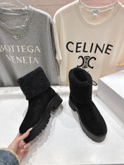 CELINE 26S FUR-TRIM ANKLE BOOTS IN BLACK SUEDE