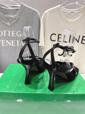 BOTTEGA VENETA 26S HIGH-HEEL SANDALS IN BLACK LAMBSKIN AND SHEARLING