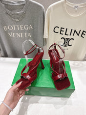 BOTTEGA VENETA 26S HIGH-HEEL SANDALS IN RED LAMBSKIN AND SHEARLING