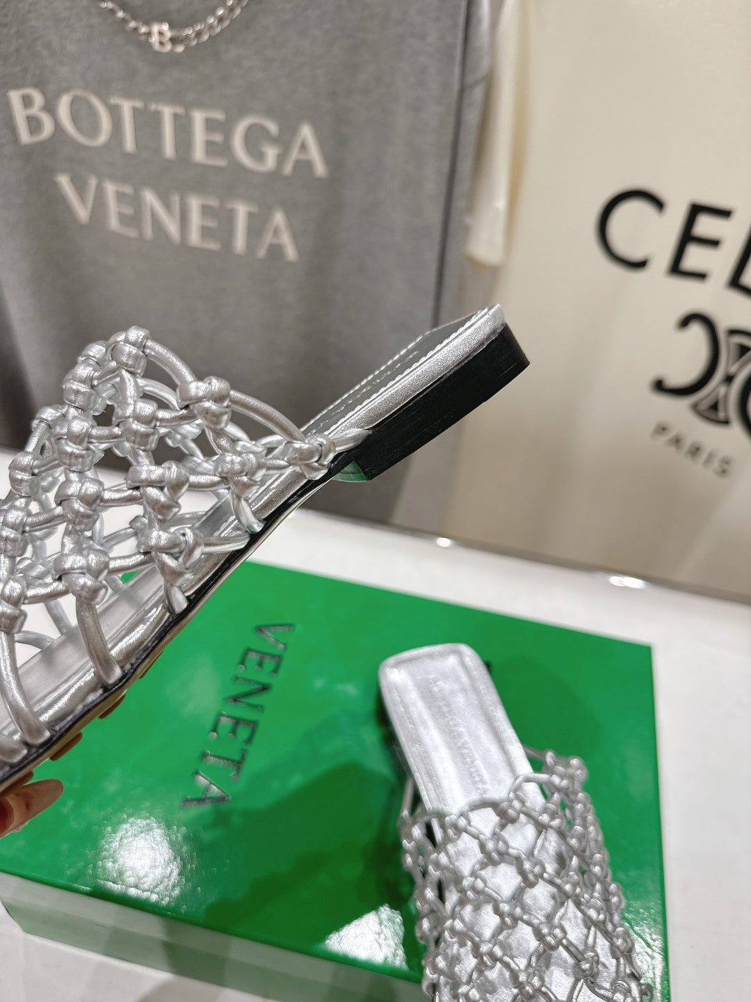 BOTTEGA VENETA 26S WOVEN MULES IN SILVER LAMBSKIN
