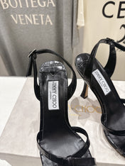 JIMMY CHOO 26S HIGH-HEELED SANDALS 100 MM IN BLACK CROC-EMBOSSED LAMBSKIN
