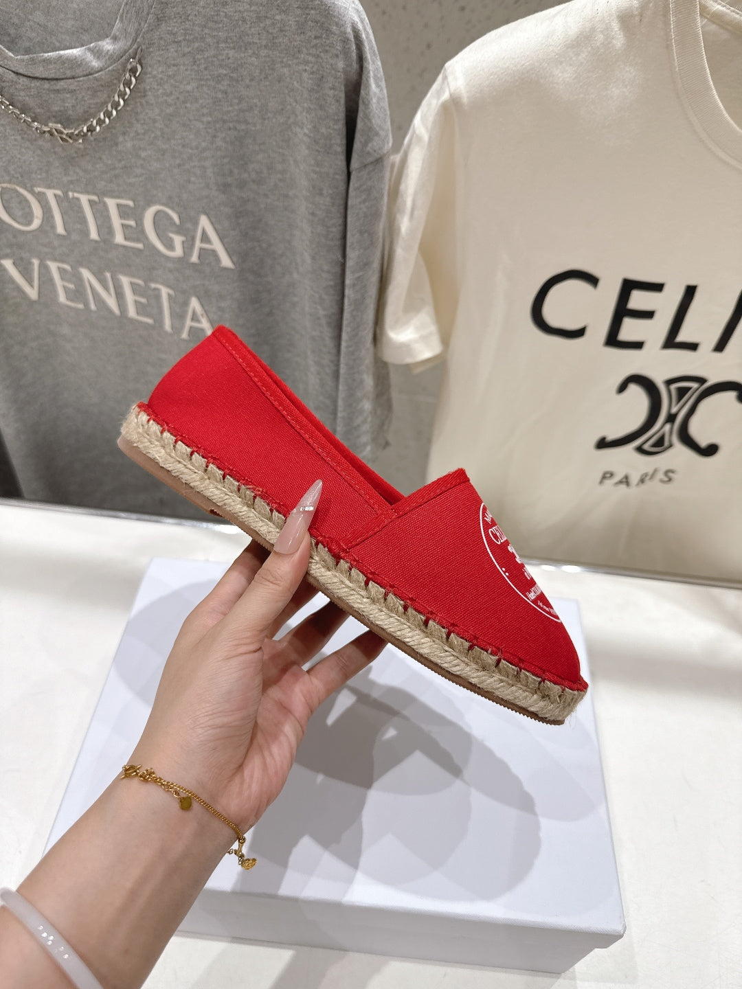 CELINE 26S MAISON PARIS EMBLEM ESPADRILLE FLATS IN DARK RED CANVAS