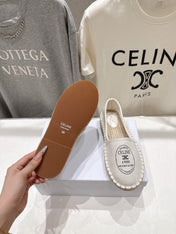 CELINE 26S MAISON PARIS EMBLEM ESPADRILLE FLATS IN IVORY WHITE CANVAS