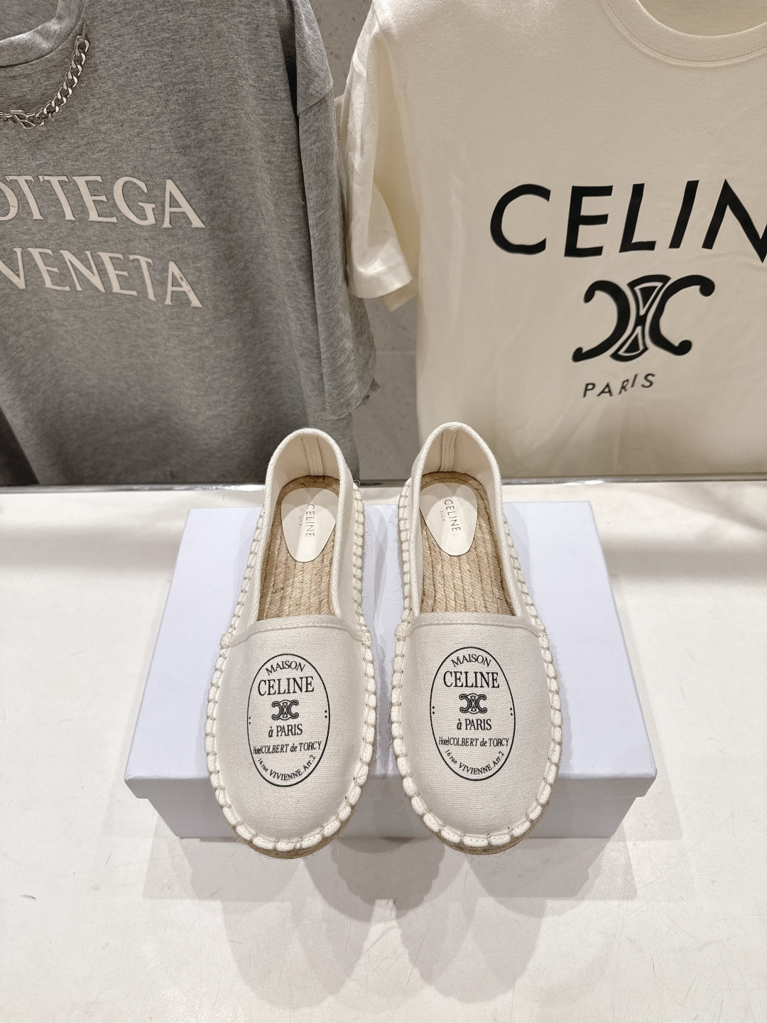 CELINE 26S MAISON PARIS EMBLEM ESPADRILLE FLATS IN IVORY WHITE CANVAS