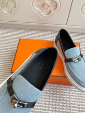 HM 25S SLIP-ON IN SKY BLUE CANVAS AND BLACK LAMBSKIN WITH SILVER HARDWARE