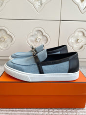 HM 25S SLIP-ON IN SKY BLUE CANVAS AND BLACK LAMBSKIN WITH SILVER HARDWARE