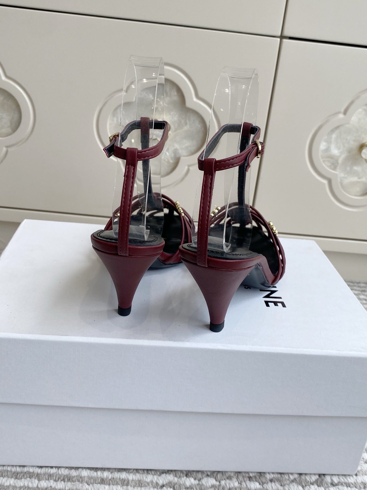CELINE 26S CLEA TRIOMPHE GLADIATOR HEEL SANDALS 60 MM IN DARK RED LAMBSKIN