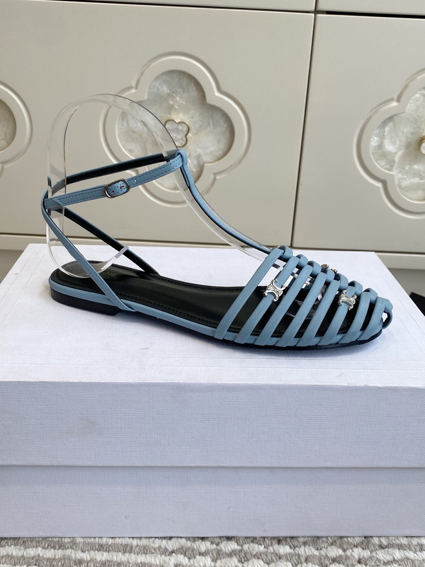 CELINE 26S CLEA TRIOMPHE GLADIATOR SANDALS IN SKY BLUE LAMBSKIN