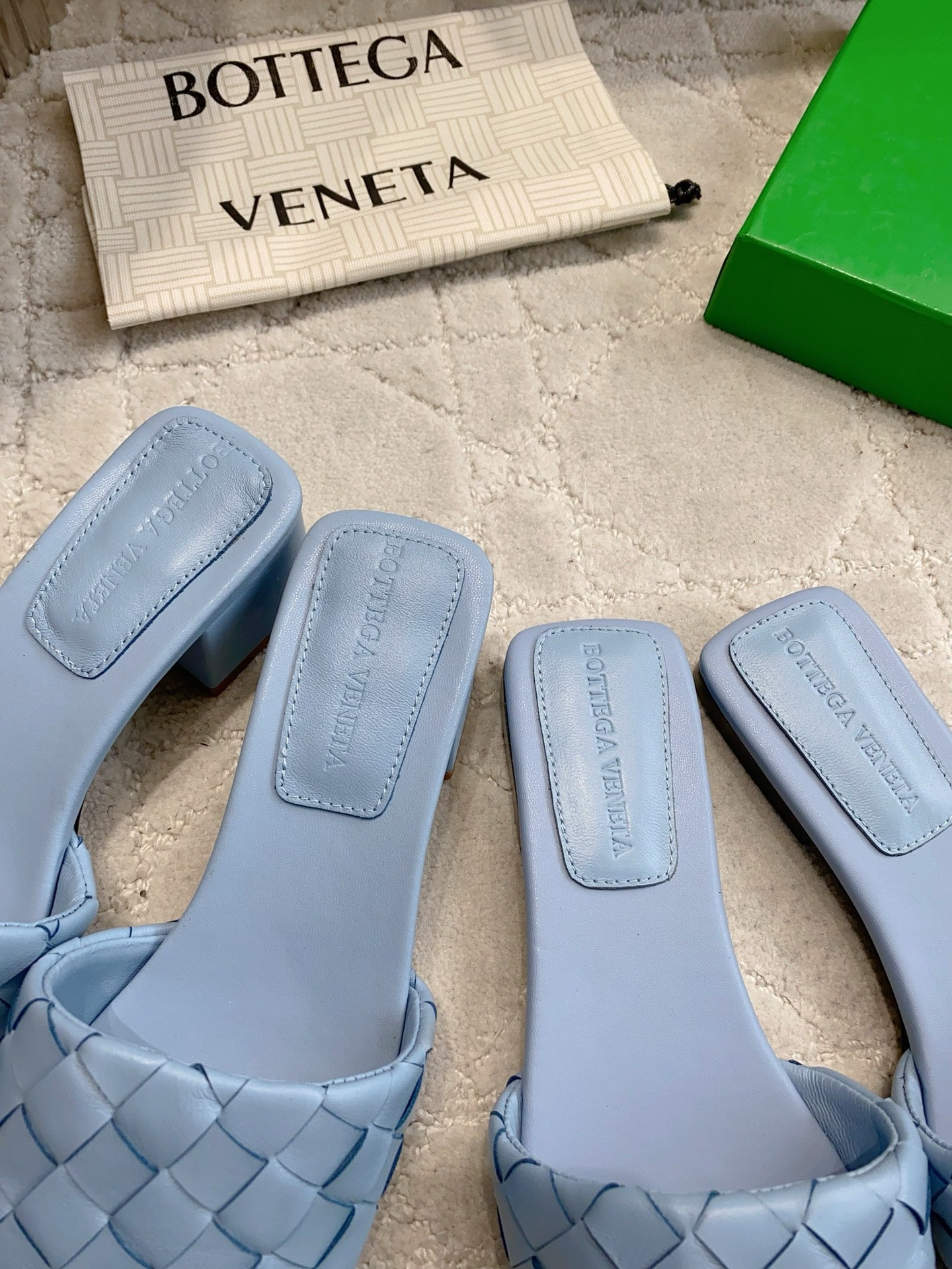 BOTTEGA VENETA 26S SQUARE-TOE SLIDE SANDALS IN BLUE LAMBSKIN