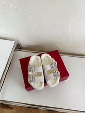 SLIDY VIV’ FUR STRASS BUCKLE MULES IN LIGHT GREY SUEDE AND CREAM SHEARLING INSOLE