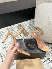 ALAIA HIGH SANDAL IN BEIGE CALFSKN AND FILM WITH CRYSTAL