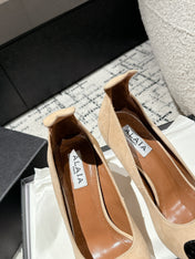 ALAIA HIGH PUMPS 10CM IN BEIGE SUEDE MIX BLACK CALFSKIN