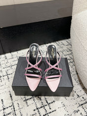 HIGH CRYSTAL STRAP SANDALS IN LIGHT PINK SILK