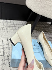 PRADA 25S SQUARE TOE HIGH HEELS IN IVORY GLOSSY CALFSKIN