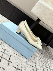 PRADA 25S SQUARE TOE HIGH HEELS IN IVORY GLOSSY CALFSKIN
