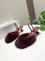 LOEWE 26S OPEN-BACK HIGH HEELS 60MM IN WINE RED CALFSKIN WITH FUR