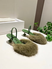 LOEWE 26S OPEN-BACK HIGH HEELS 60MM IN GREEN CALFSKIN WITH FUR