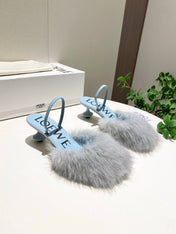LOEWE 26S OPEN-BACK HIGH HEELS 60MM IN LIGHT BLUE CALFSKIN WITH FUR