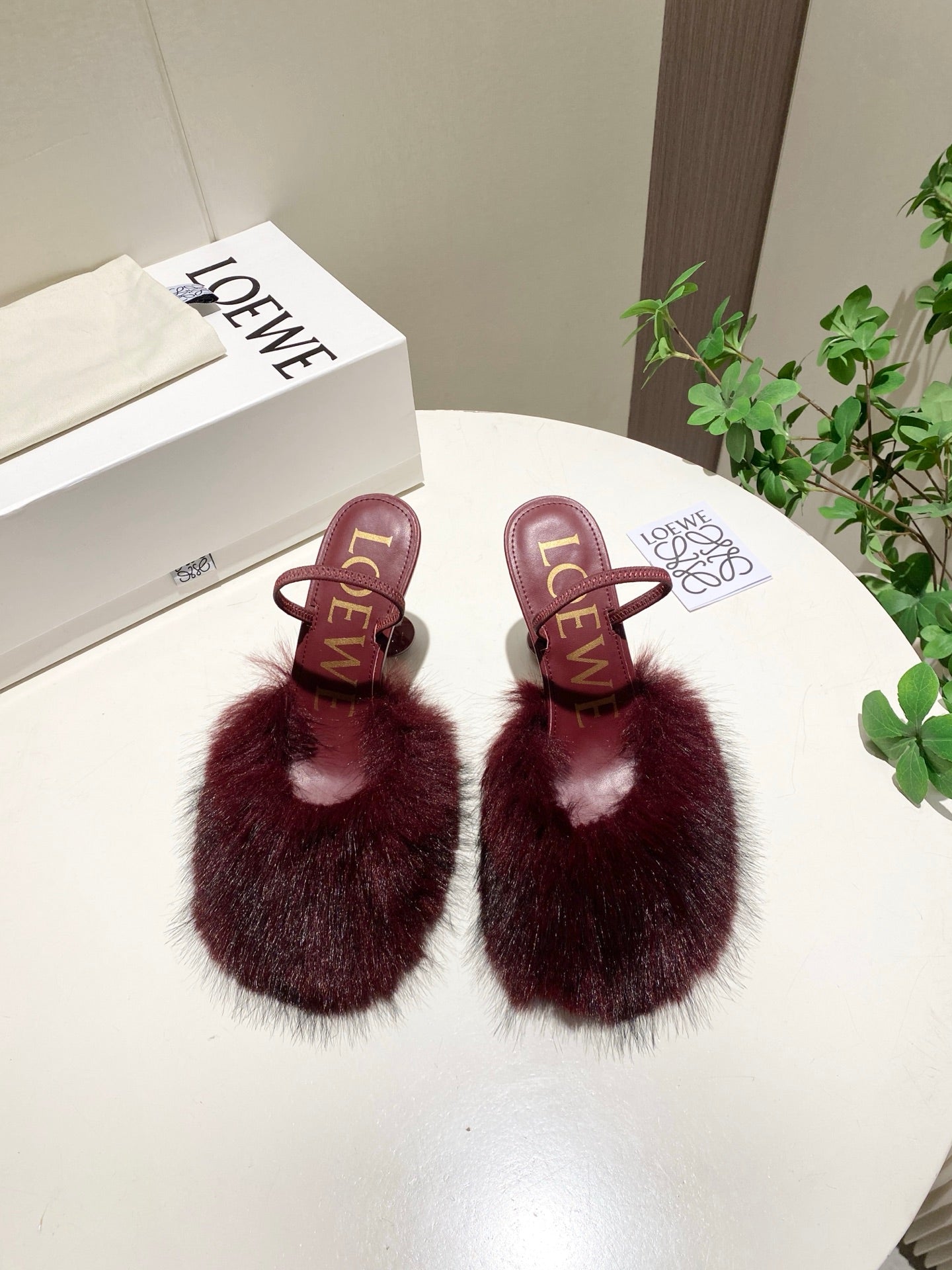 LOEWE 26S OPEN-BACK HIGH HEELS 100MM IN WINE RED CALFSKIN WITH FUR