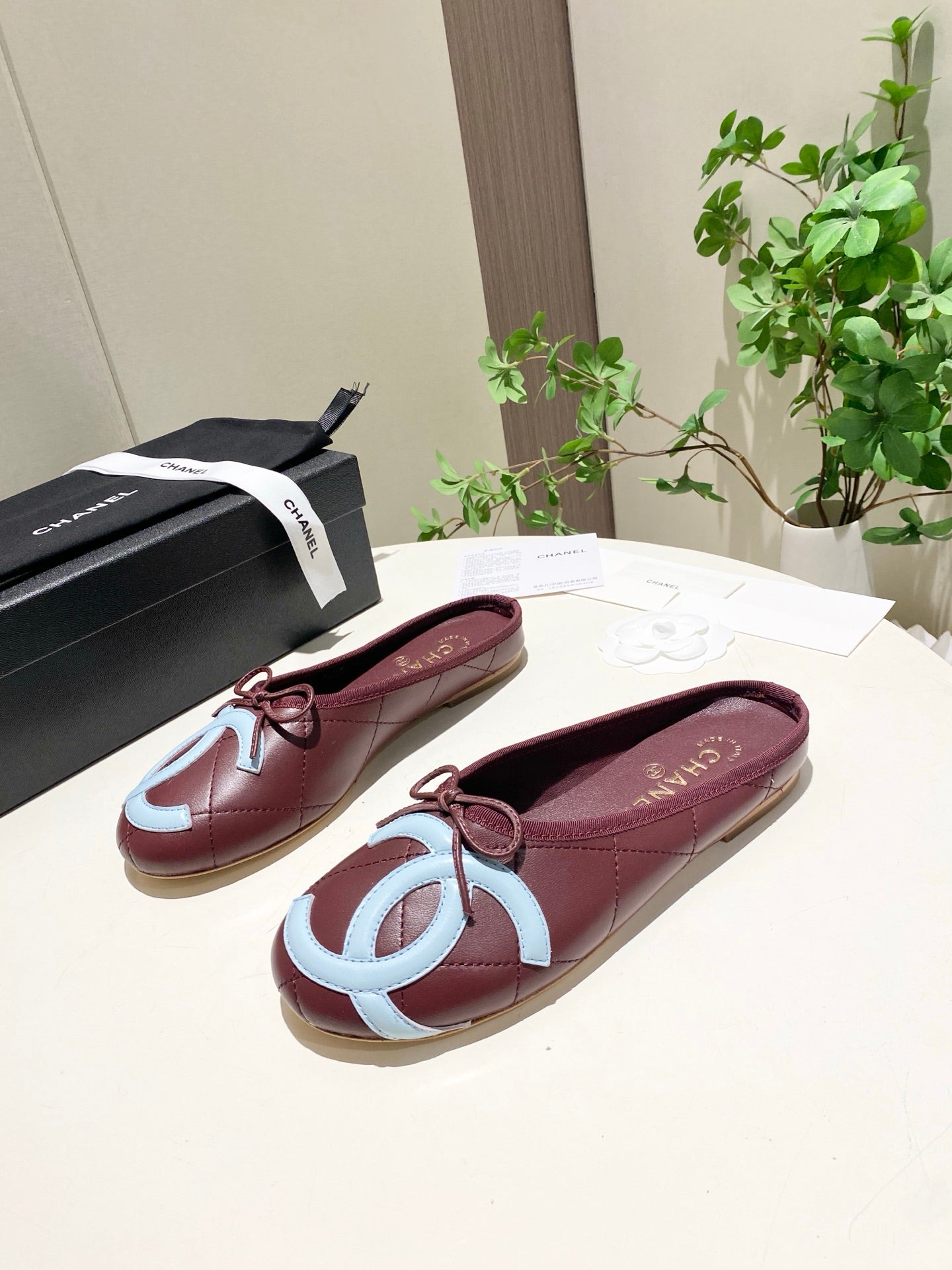 CHANEL 26S FLAT MULES IN DARK RED LAMBSKIN