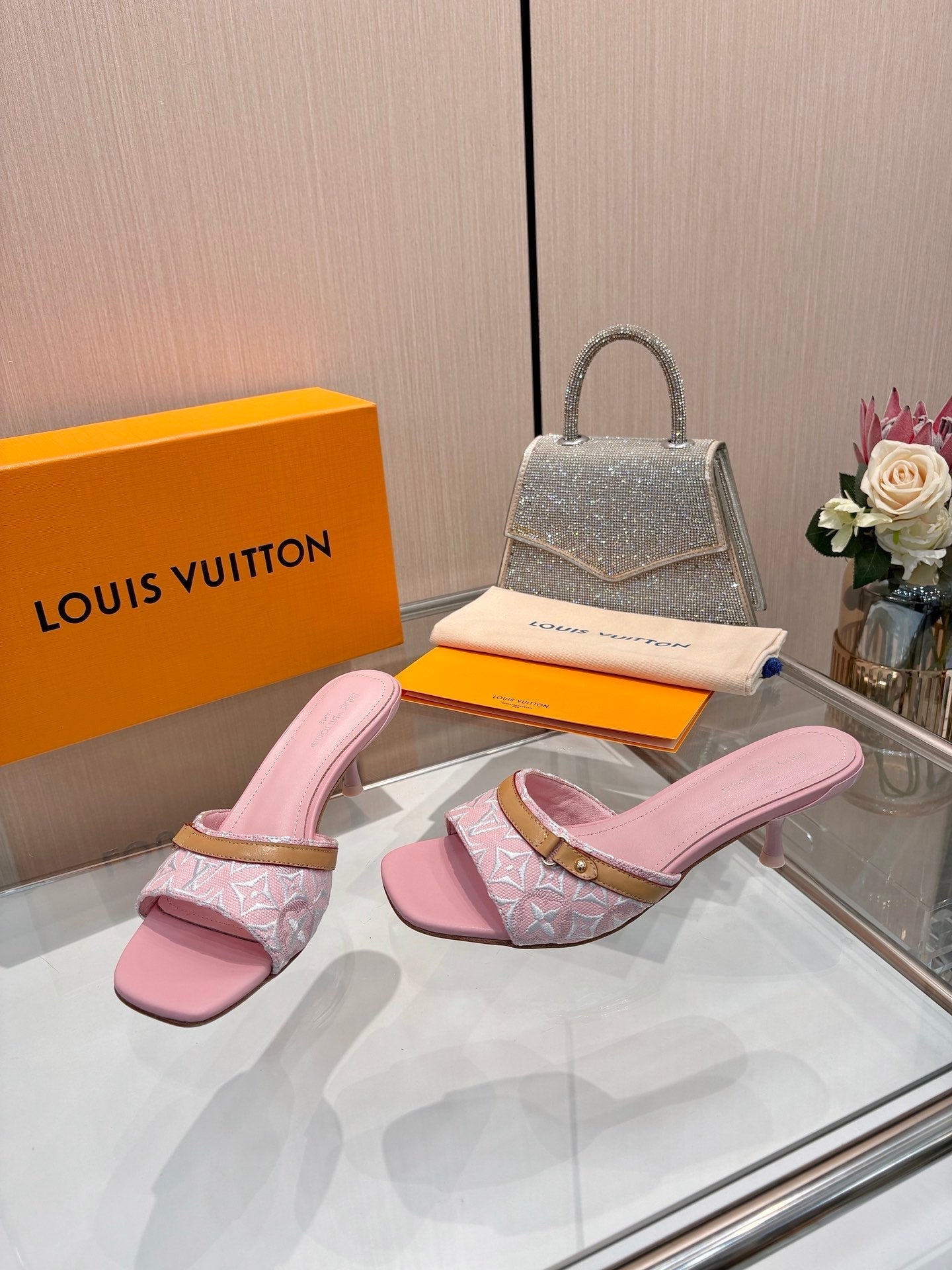 LV 26S HIGH-HEELED MULES 55 MM IN PINK EMBROIDERED MONOGRAM CANVAS