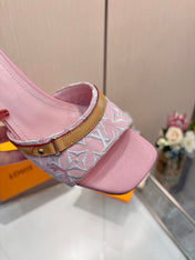 LV 26S HIGH-HEELED MULES 55 MM IN PINK EMBROIDERED MONOGRAM CANVAS