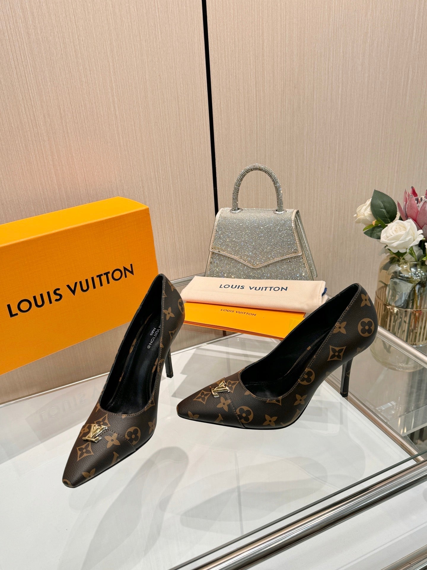 LV 26S POINTED-TOE HIGH HEELS 90 MM IN DARK BROWN COATED CANVAS