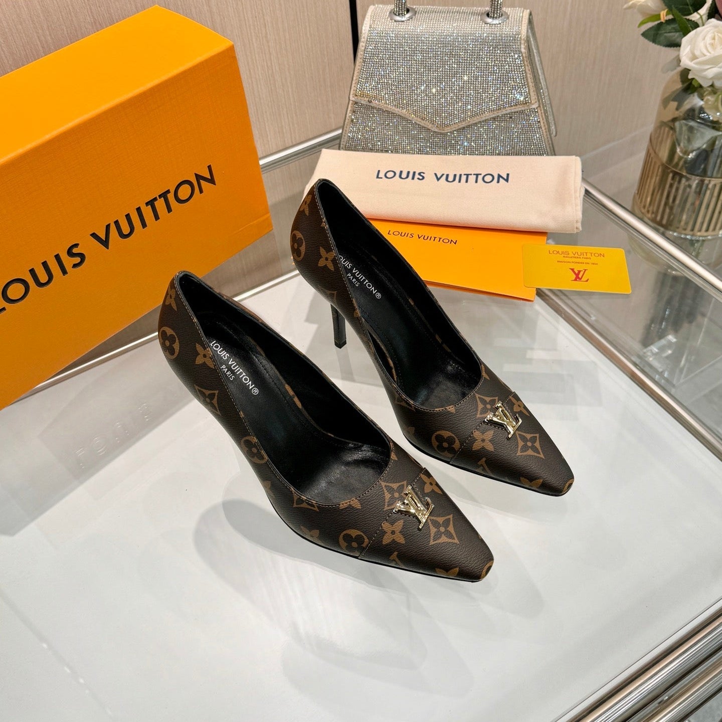 LV 26S POINTED-TOE HIGH HEELS 90 MM IN DARK BROWN COATED CANVAS