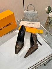 LV 26S POINTED-TOE HIGH HEELS 90 MM IN DARK BROWN COATED CANVAS
